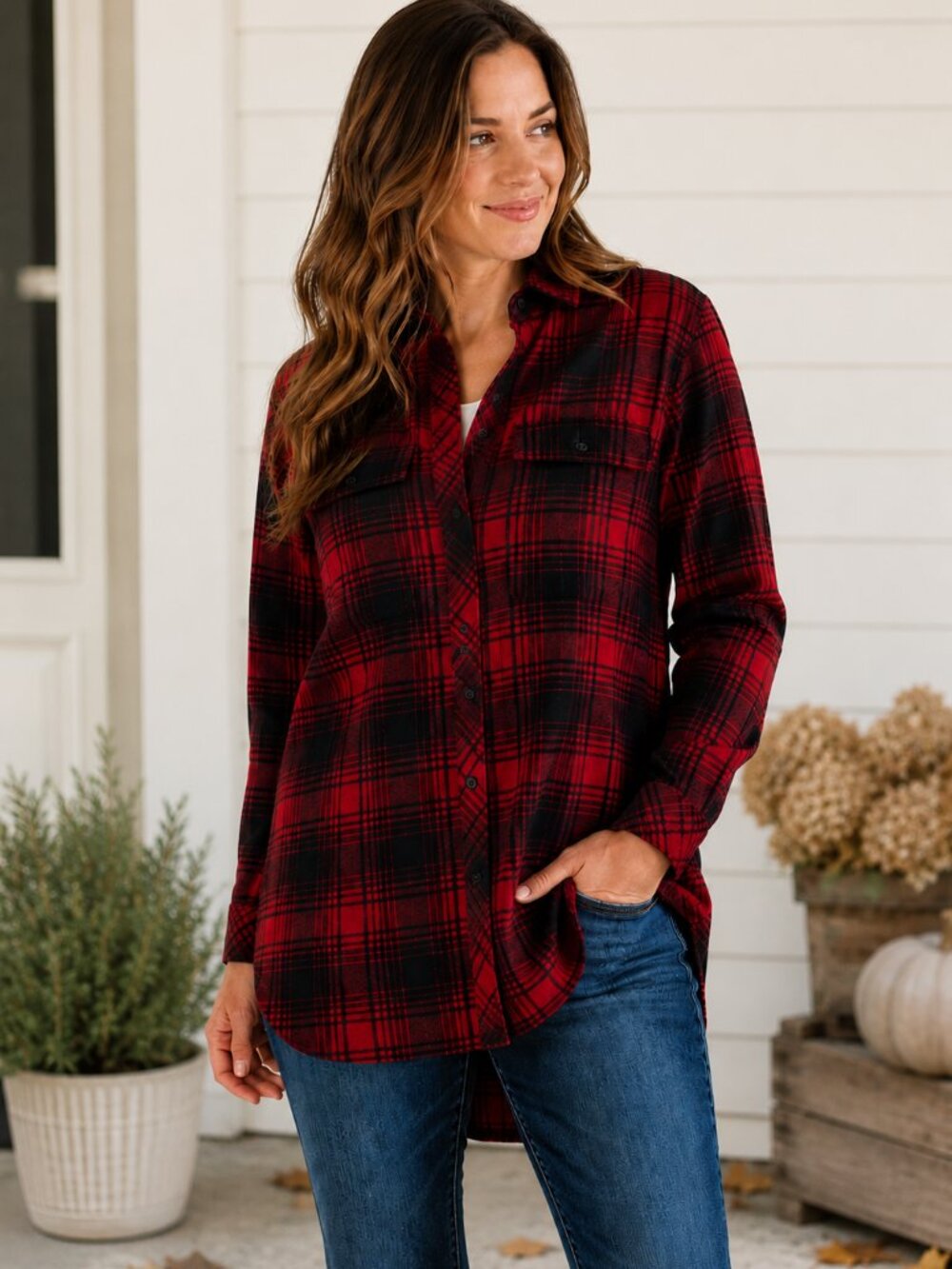 NWT L.L.Bean Signature Chamois Tunic Red Plaid Shirt Size Small